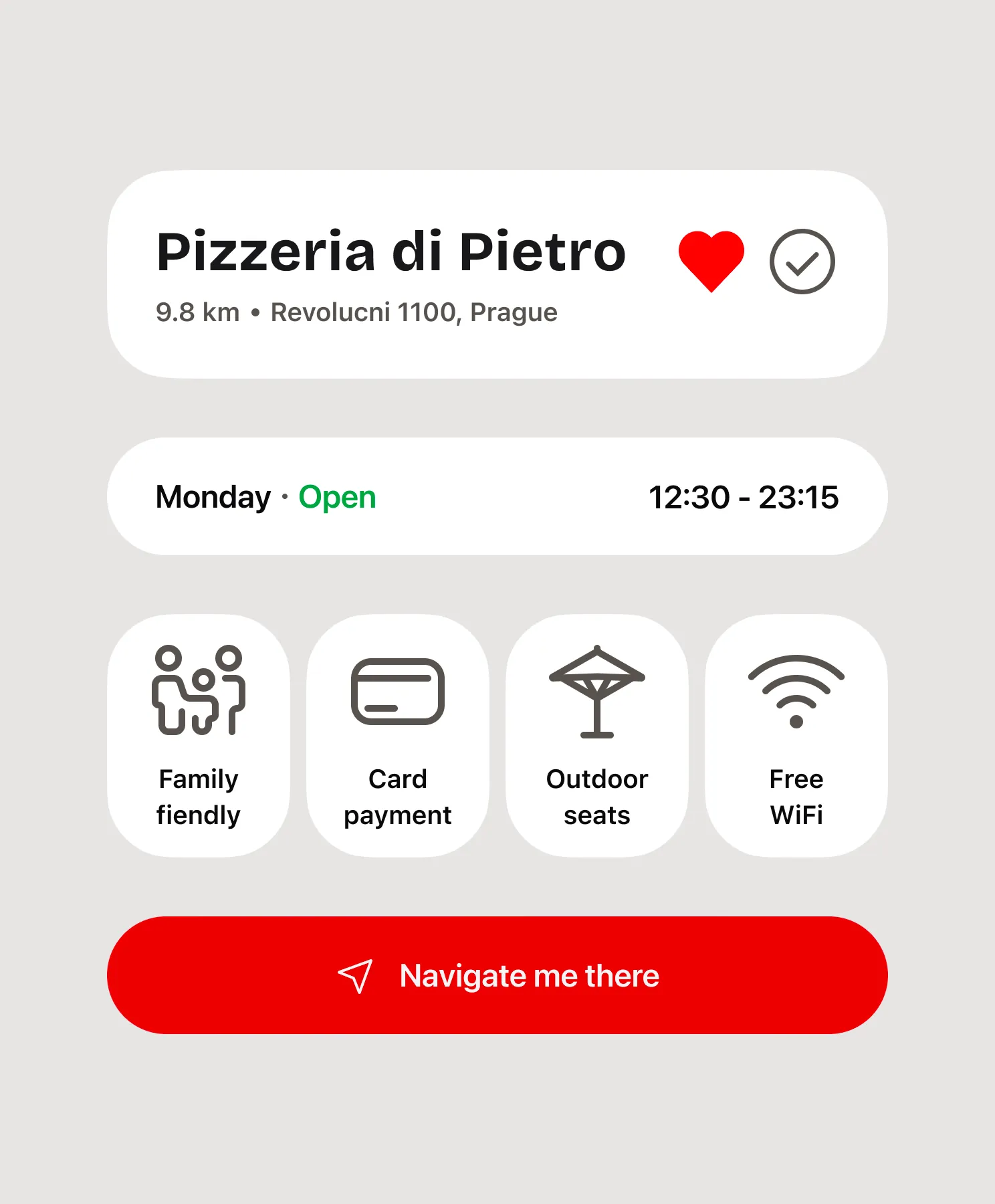 App screenshot displaying pizzeria photos, hours, and favorite button