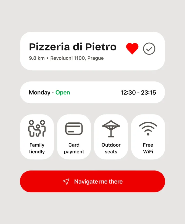 App screenshot displaying pizzeria photos, hours, and favorite button