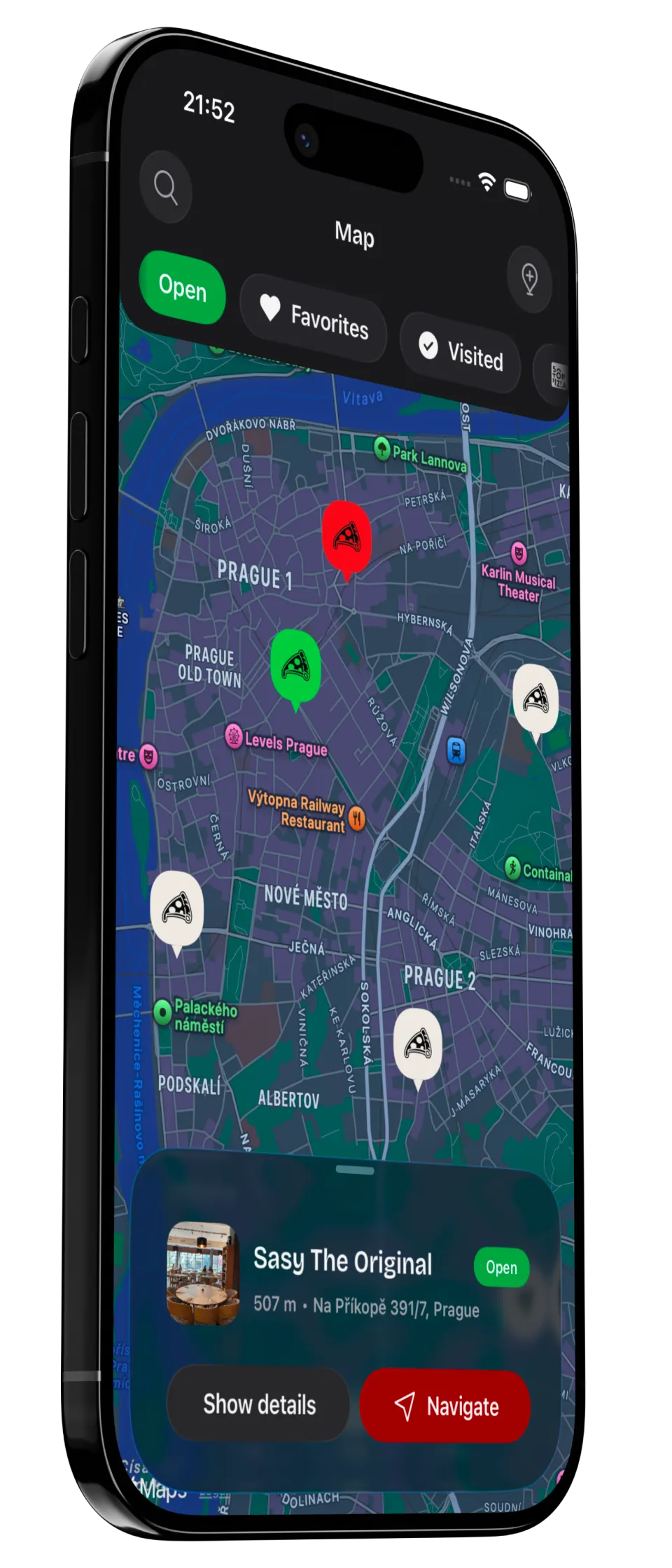 App screenshot showing pizza place details