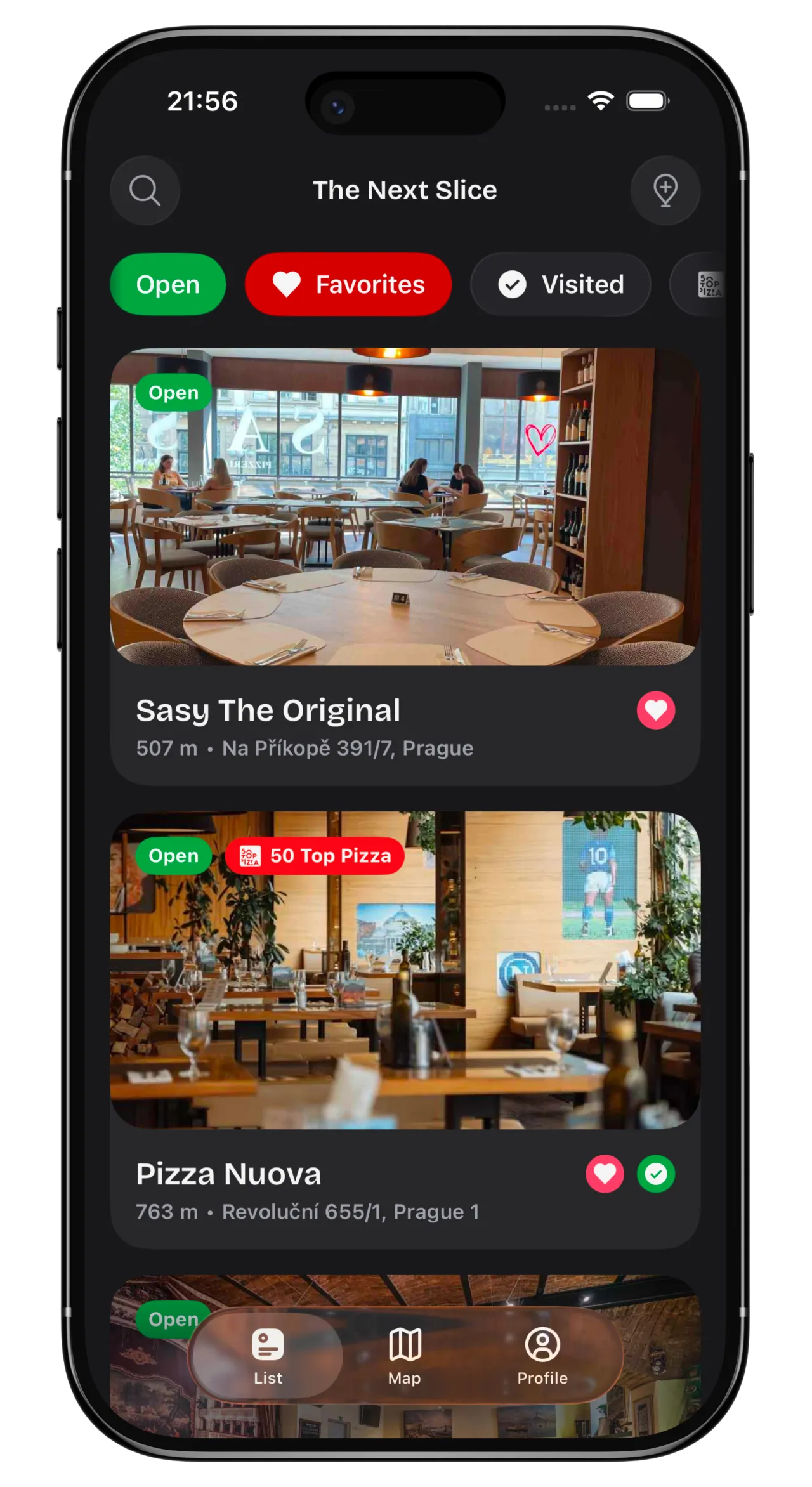 The Next Slice app showing map with authentic pizzerias