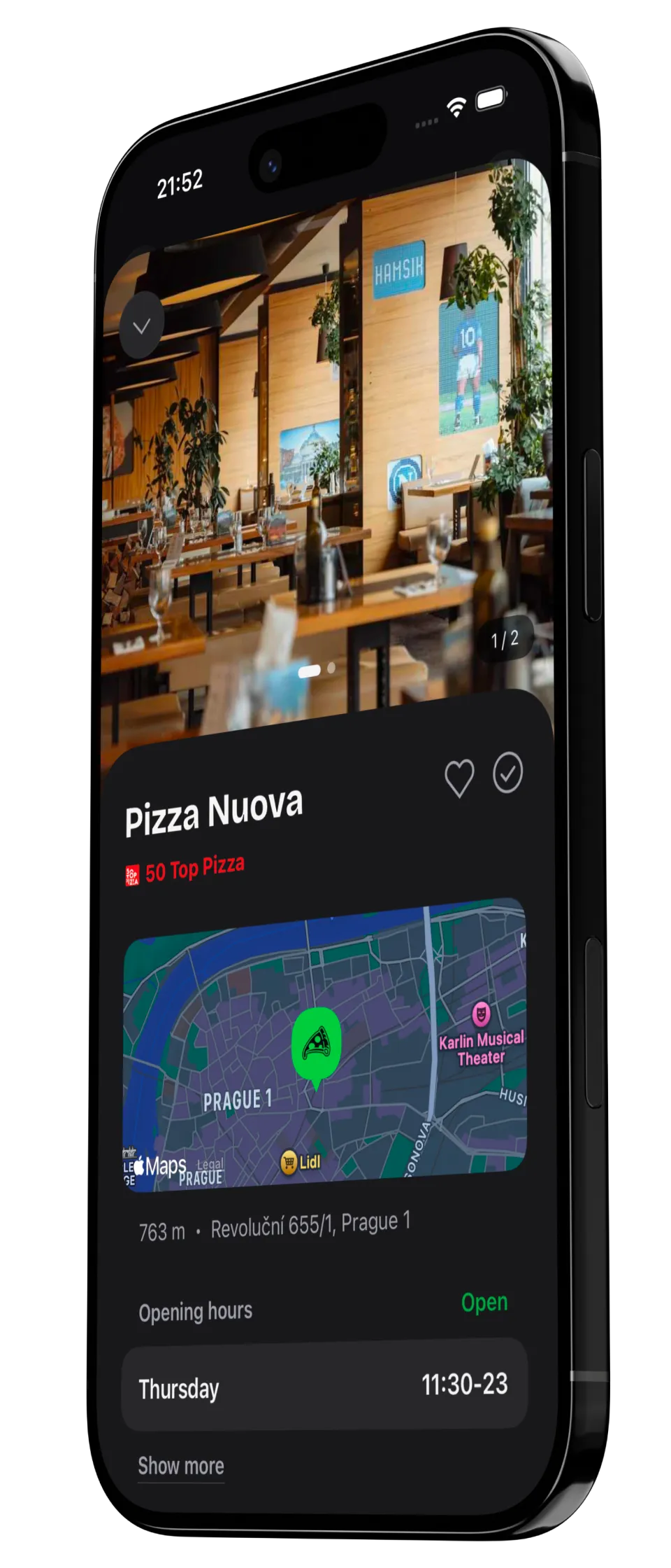 App screenshot showing curated pizza place collection